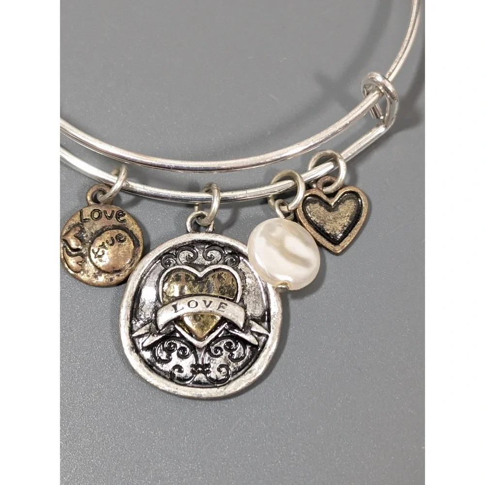 Two Tone‎ Heart Charm Bangle Bracelet White Pearl Love Stackable 7